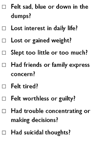 checklist of depression symptoms